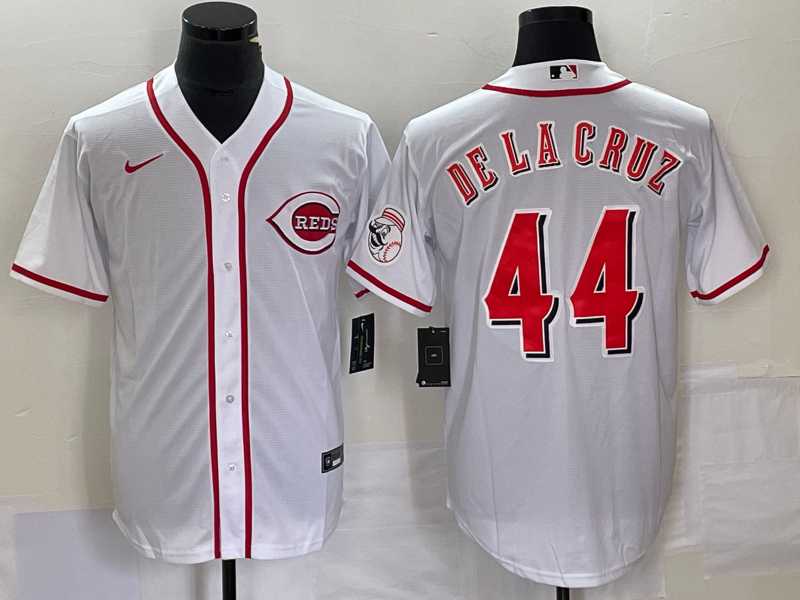 Mens Cincinnati Reds #44 Elly De La Cruz White With Patch Cool Base Stitched Baseball Jersey->cincinnati reds->MLB Jersey